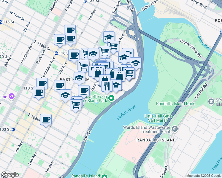 map of restaurants, bars, coffee shops, grocery stores, and more near in New York