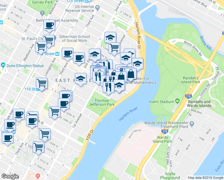 map of restaurants, bars, coffee shops, grocery stores, and more near in New York