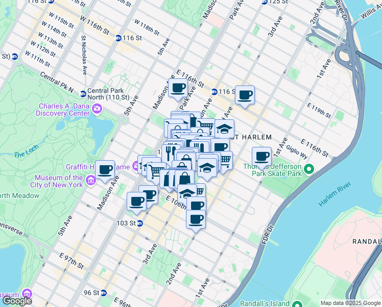 map of restaurants, bars, coffee shops, grocery stores, and more near 169 East 109th Street in New York