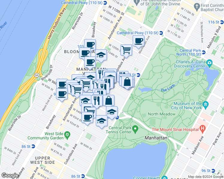 map of restaurants, bars, coffee shops, grocery stores, and more near 392 Central Park West in New York