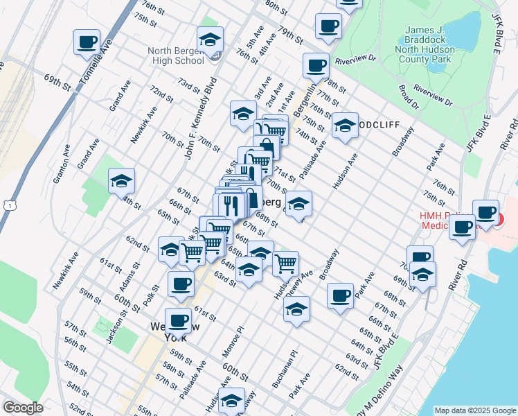 map of restaurants, bars, coffee shops, grocery stores, and more near 439 67th Street in West New York