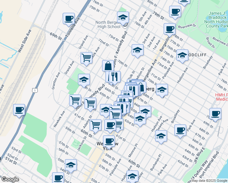 map of restaurants, bars, coffee shops, grocery stores, and more near 581 65th Street in West New York