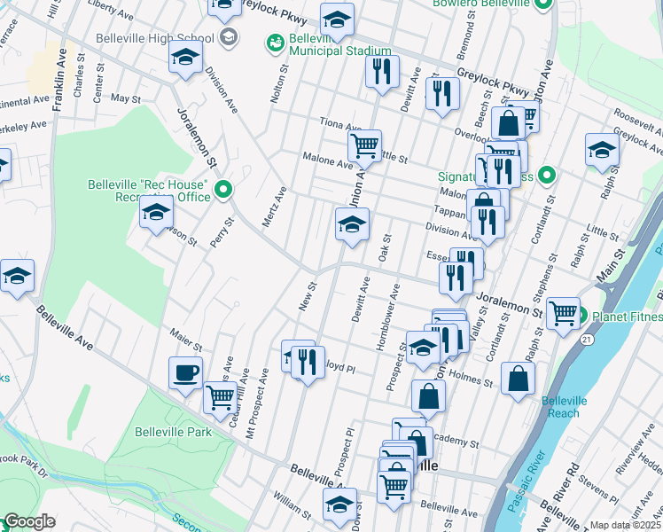 map of restaurants, bars, coffee shops, grocery stores, and more near 295 Union Avenue in Belleville