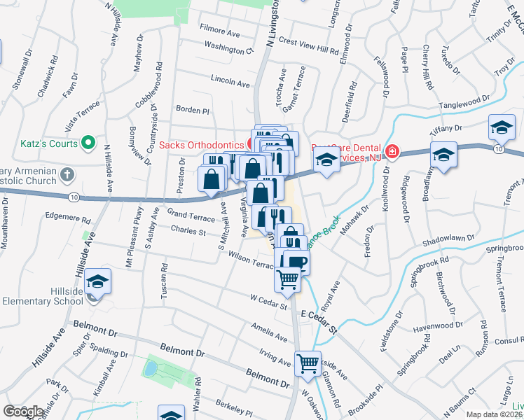 map of restaurants, bars, coffee shops, grocery stores, and more near 31 Virginia Avenue in Livingston