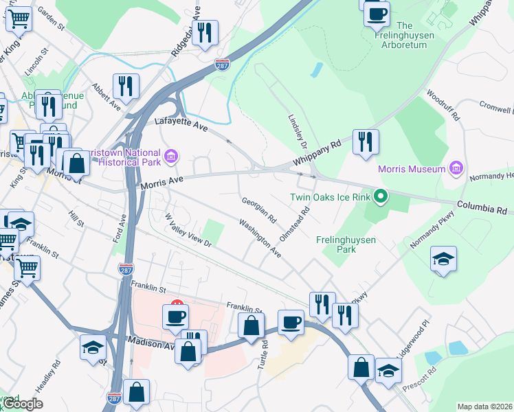 map of restaurants, bars, coffee shops, grocery stores, and more near 47 Georgian Road in Morristown