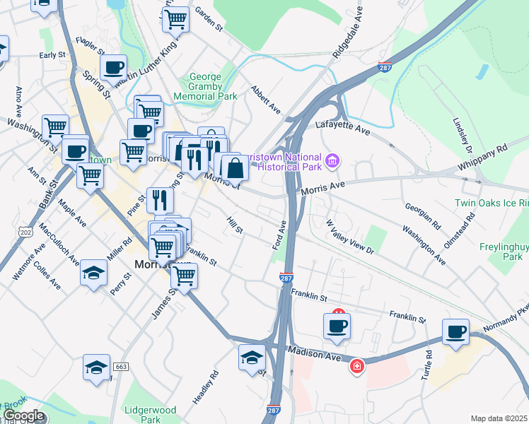 map of restaurants, bars, coffee shops, grocery stores, and more near 56 Hill Street in Morristown