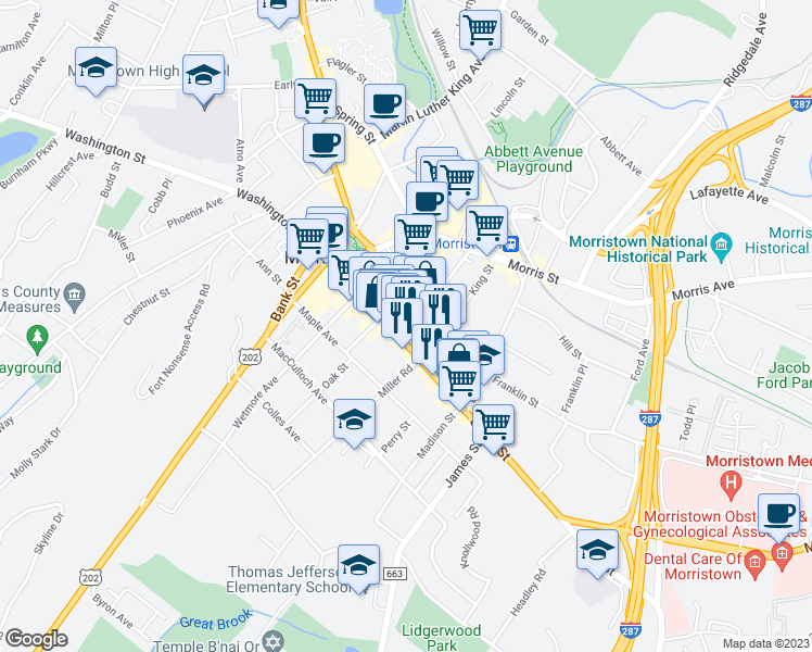 map of restaurants, bars, coffee shops, grocery stores, and more near 100 South Street in Morristown