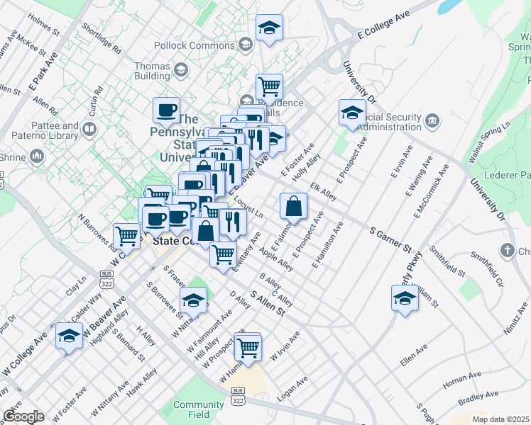 map of restaurants, bars, coffee shops, grocery stores, and more near 255 East Fairmount Avenue in State College