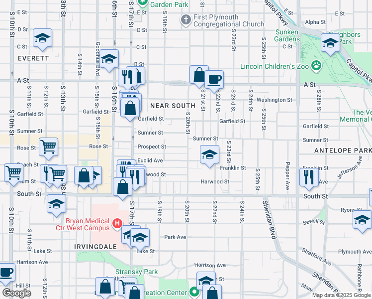 map of restaurants, bars, coffee shops, grocery stores, and more near 2001 Euclid Avenue in Lincoln