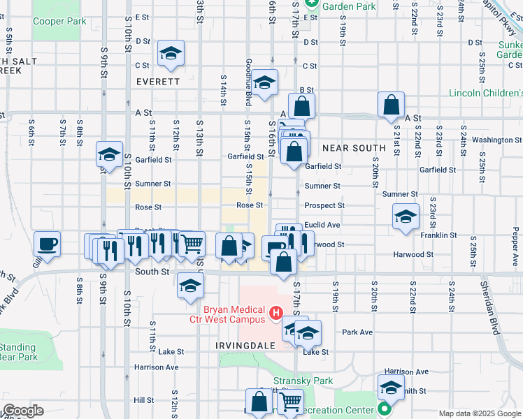 map of restaurants, bars, coffee shops, grocery stores, and more near 1905 South 16th Street in Lincoln