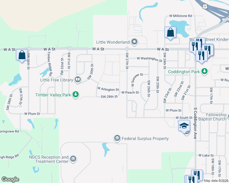 map of restaurants, bars, coffee shops, grocery stores, and more near 2817 West Peach Street in Lincoln