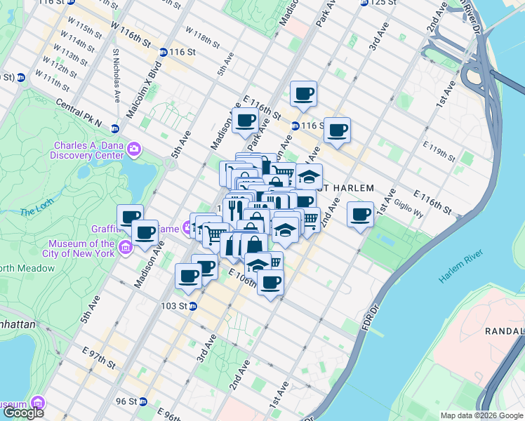 map of restaurants, bars, coffee shops, grocery stores, and more near 169 East 109th Street in New York