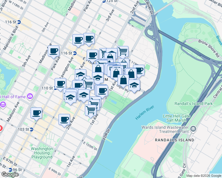 map of restaurants, bars, coffee shops, grocery stores, and more near 1st Avenue & E 114th St in New York