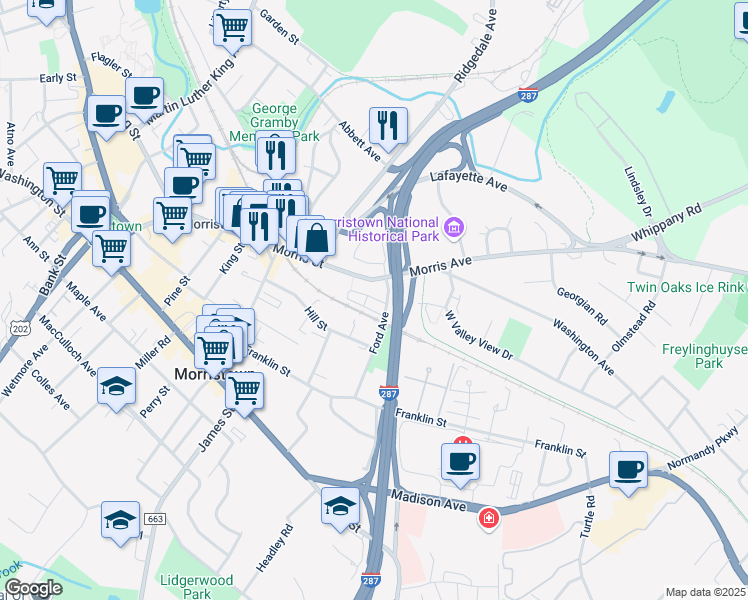map of restaurants, bars, coffee shops, grocery stores, and more near 70-74 Hillside Terrace in Morristown