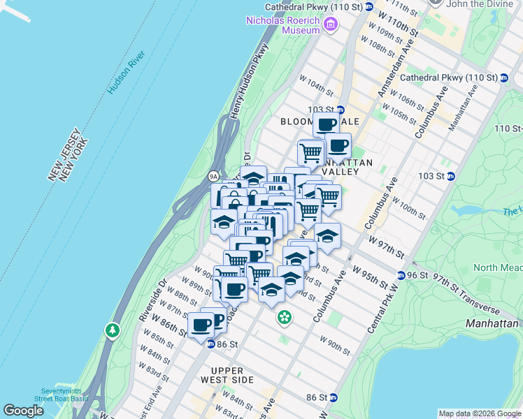 map of restaurants, bars, coffee shops, grocery stores, and more near in New York