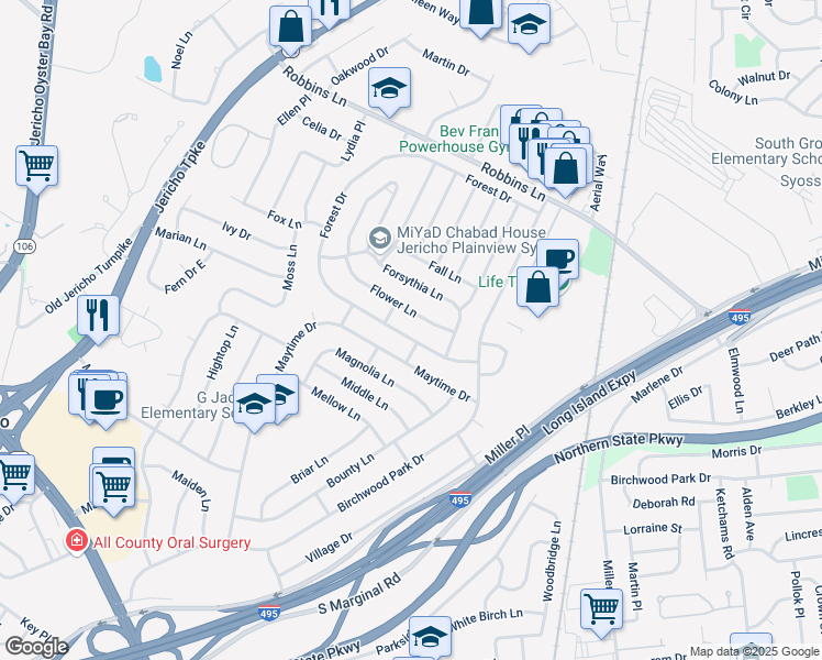 map of restaurants, bars, coffee shops, grocery stores, and more near 240 Forest Drive in Jericho