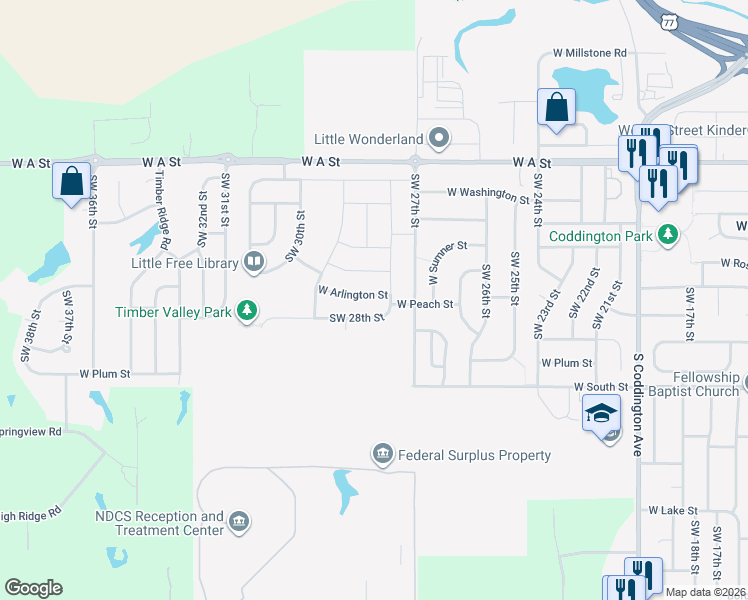 map of restaurants, bars, coffee shops, grocery stores, and more near 2817 West Peach Street in Lincoln