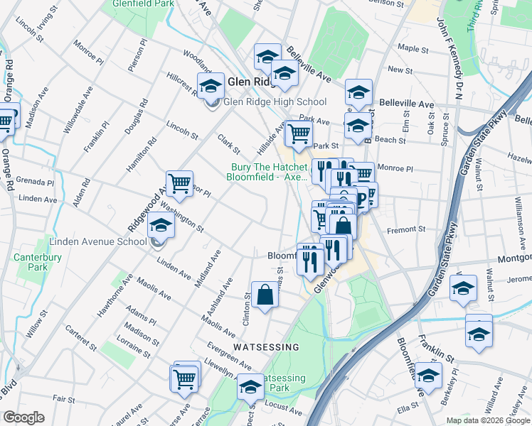 map of restaurants, bars, coffee shops, grocery stores, and more near 10 Winsor Place in Glen Ridge