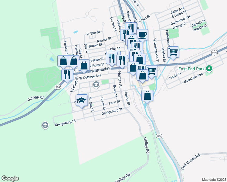 map of restaurants, bars, coffee shops, grocery stores, and more near 127 1/2 West Spruce Street in Tamaqua