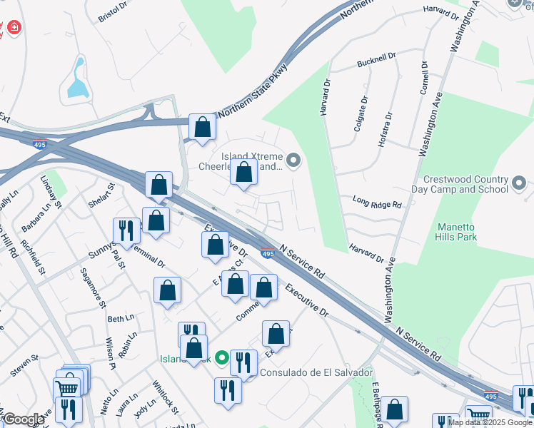 map of restaurants, bars, coffee shops, grocery stores, and more near 31 Autumn Drive in Plainview