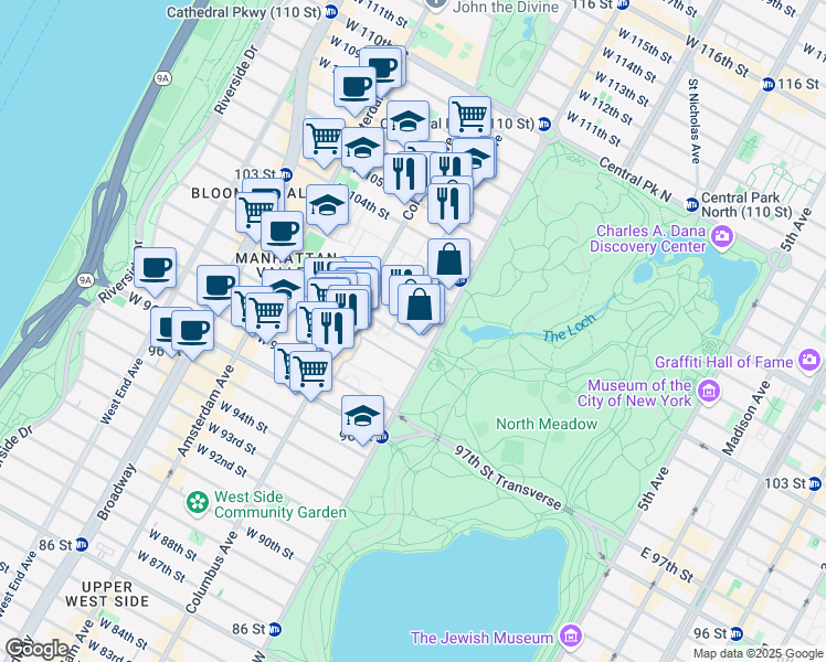 map of restaurants, bars, coffee shops, grocery stores, and more near 22 Manhattan Avenue in New York