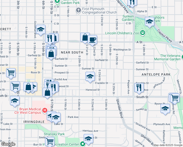 map of restaurants, bars, coffee shops, grocery stores, and more near 2120 Sumner Street in Lincoln