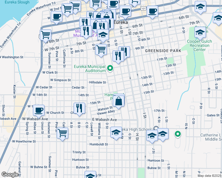 map of restaurants, bars, coffee shops, grocery stores, and more near 405 13th Street in Eureka