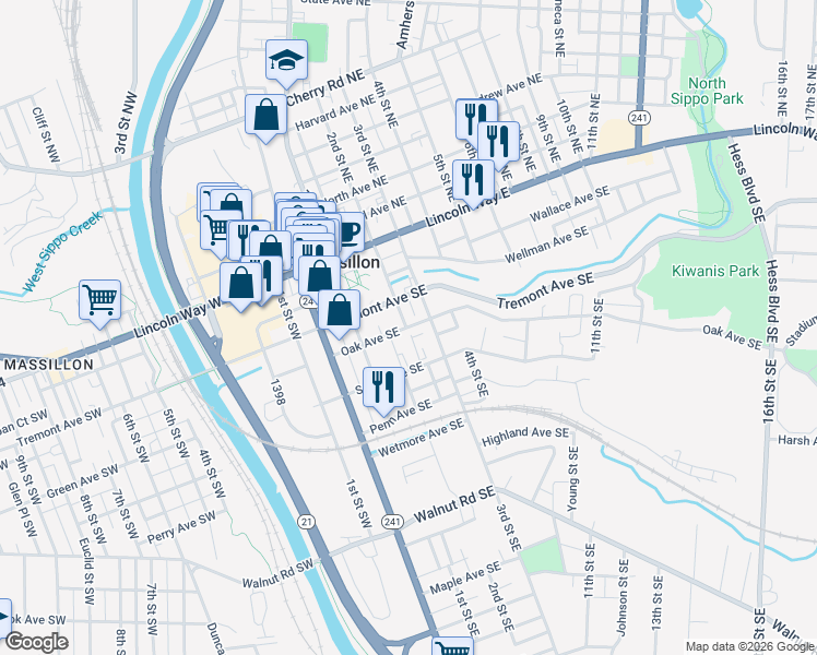 map of restaurants, bars, coffee shops, grocery stores, and more near 207 Oak Avenue Southeast in Massillon