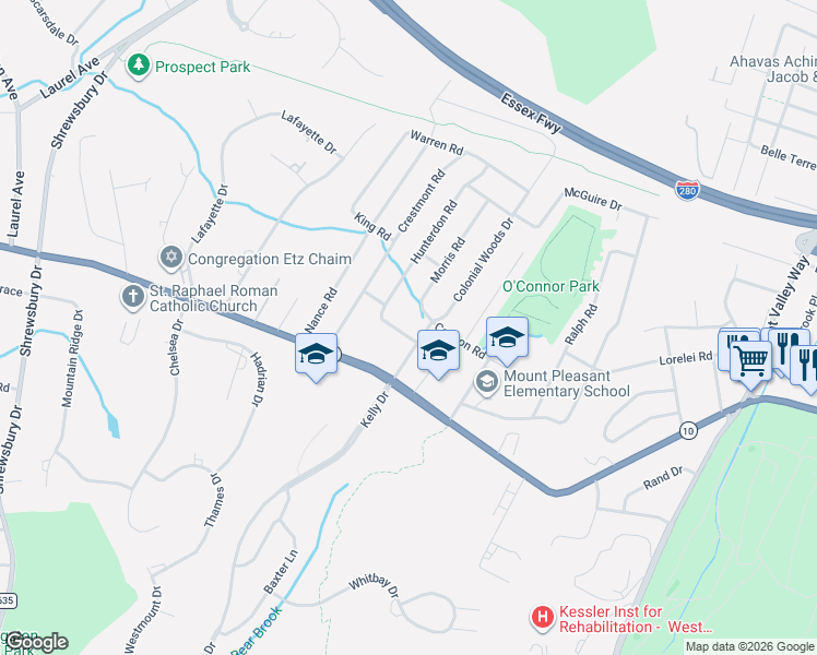 map of restaurants, bars, coffee shops, grocery stores, and more near 8 Morris Road in West Orange