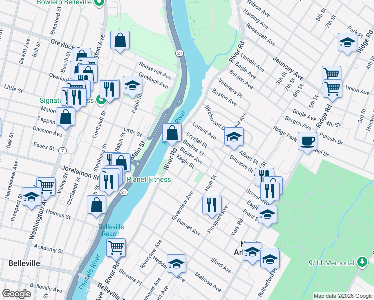 map of restaurants, bars, coffee shops, grocery stores, and more near 10 Bayliss Street in North Arlington