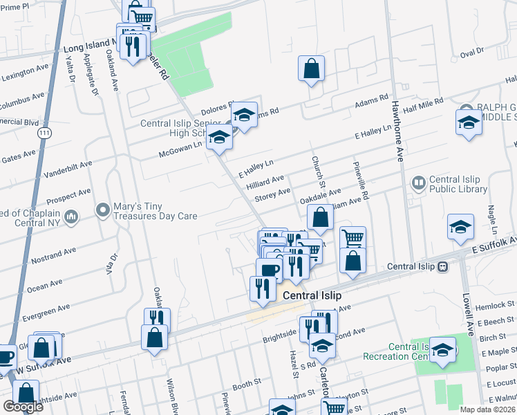 map of restaurants, bars, coffee shops, grocery stores, and more near 6 Storey Avenue in Central Islip