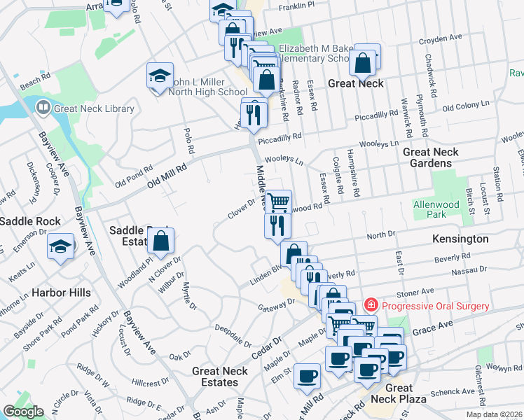 map of restaurants, bars, coffee shops, grocery stores, and more near in Great Neck