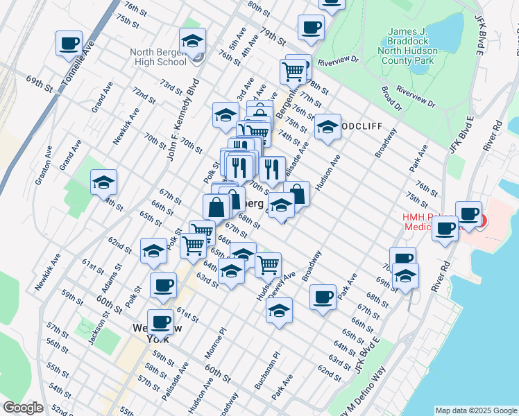 map of restaurants, bars, coffee shops, grocery stores, and more near 419 70th Street in Guttenberg