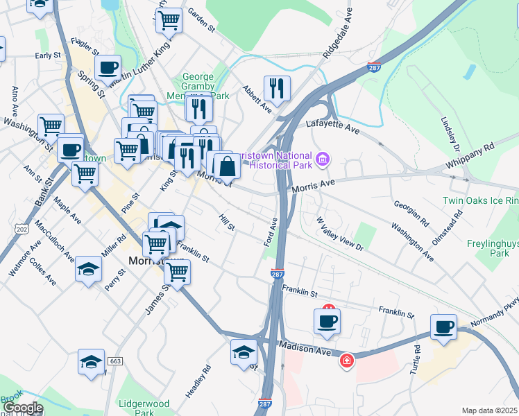 map of restaurants, bars, coffee shops, grocery stores, and more near 1 Leona Drive in Morristown