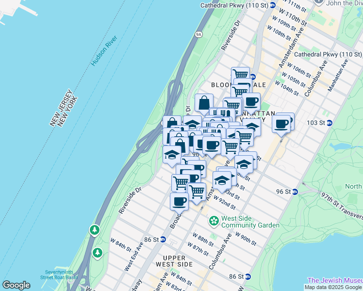 map of restaurants, bars, coffee shops, grocery stores, and more near 310 West 95th Street in New York