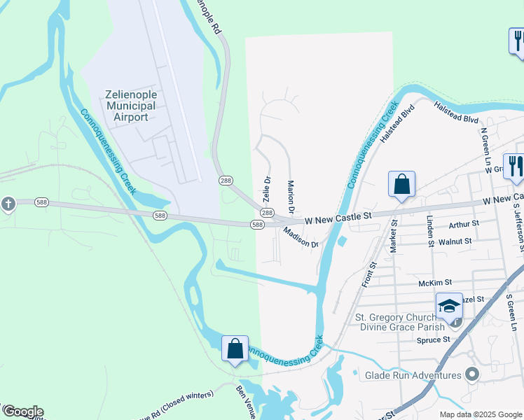 map of restaurants, bars, coffee shops, grocery stores, and more near 819 West New Castle Street in Zelienople