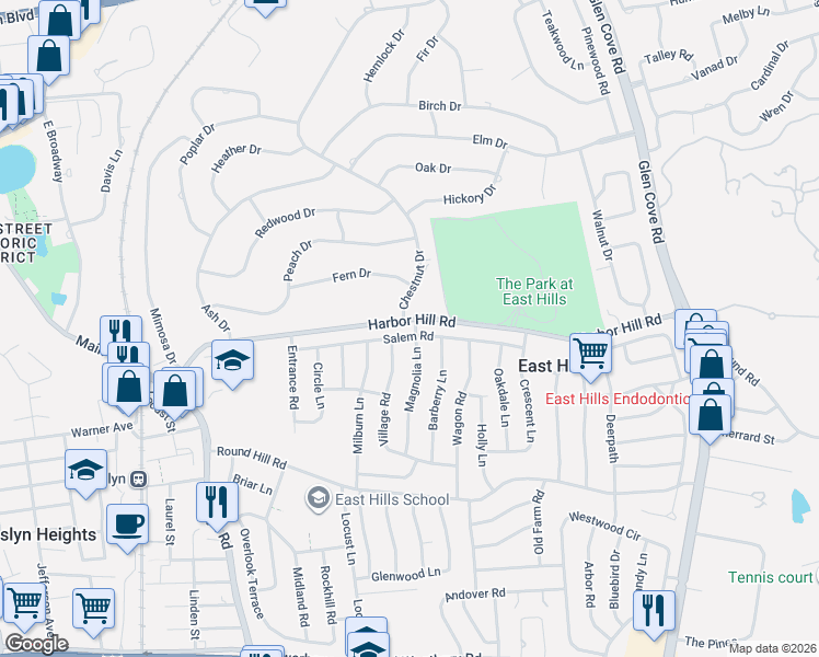map of restaurants, bars, coffee shops, grocery stores, and more near 460 Chestnut Drive in Roslyn