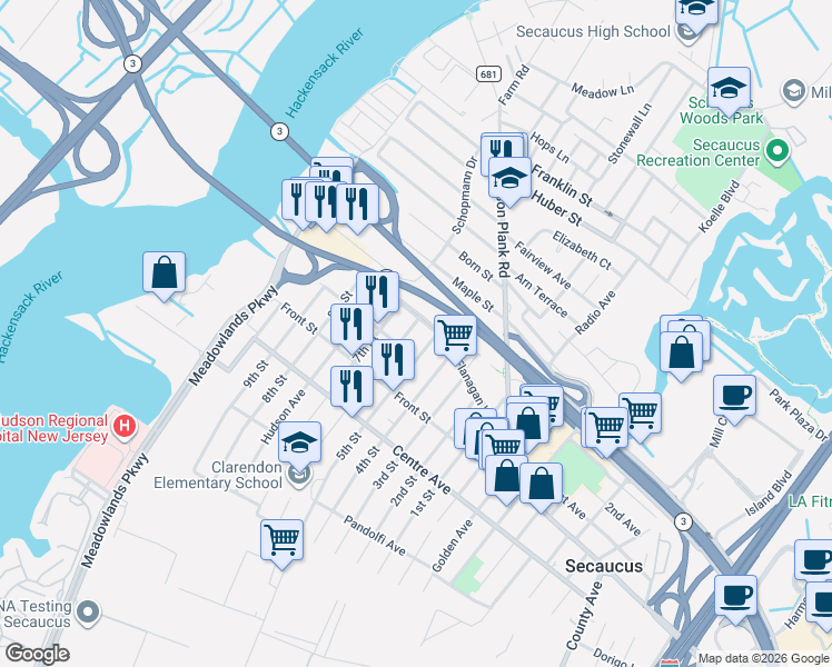 map of restaurants, bars, coffee shops, grocery stores, and more near 856 7th Street in Secaucus