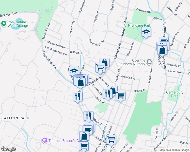 map of restaurants, bars, coffee shops, grocery stores, and more near 62 Kirk Street in West Orange