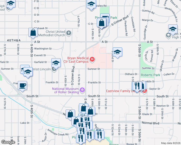 map of restaurants, bars, coffee shops, grocery stores, and more near 1600 South 48th Street in Lincoln
