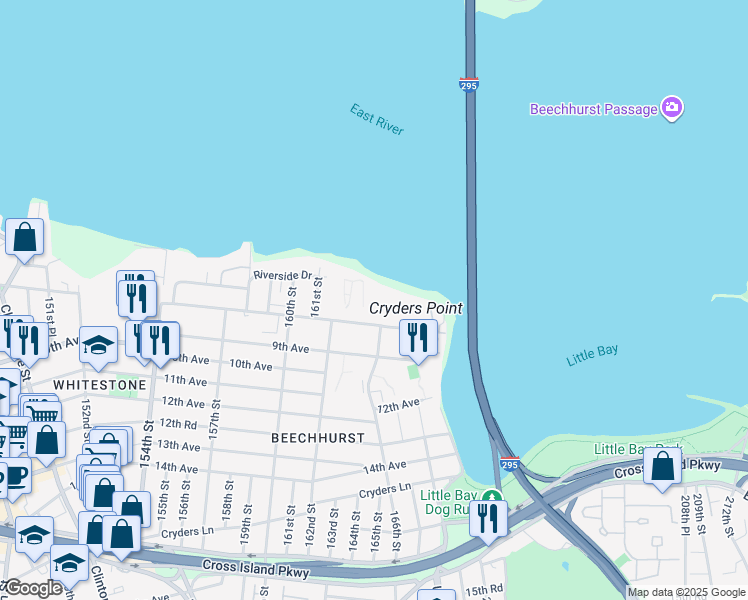map of restaurants, bars, coffee shops, grocery stores, and more near 162-01 Powells Cove Boulevard in Queens