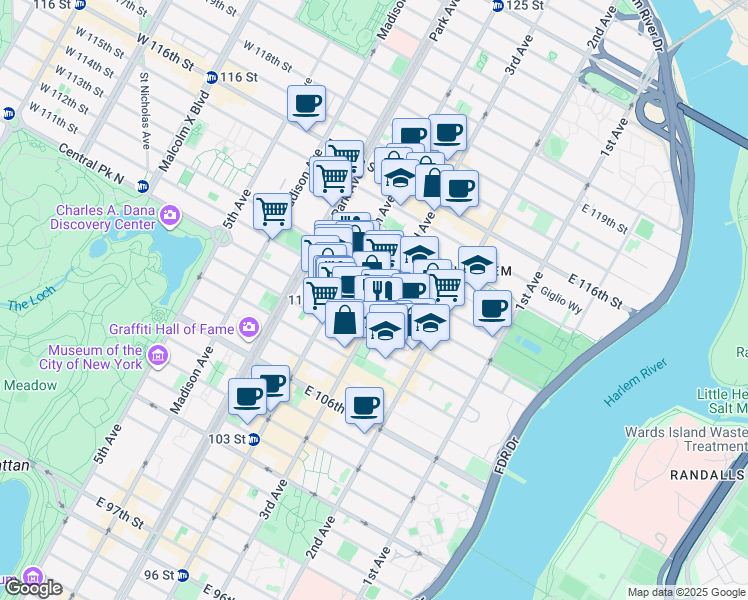 map of restaurants, bars, coffee shops, grocery stores, and more near 174 East 112th Street in New York