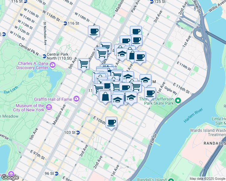 map of restaurants, bars, coffee shops, grocery stores, and more near 174 East 112th Street in New York