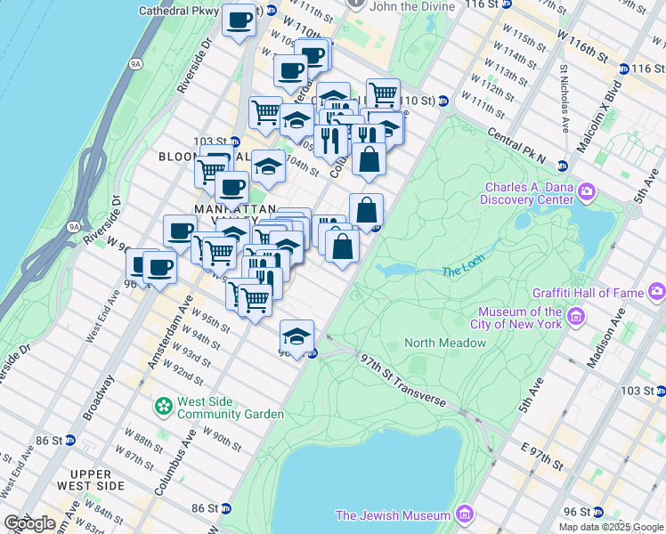 map of restaurants, bars, coffee shops, grocery stores, and more near 22 Manhattan Avenue in New York