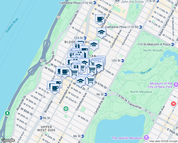 map of restaurants, bars, coffee shops, grocery stores, and more near 150 West 100th Street in New York