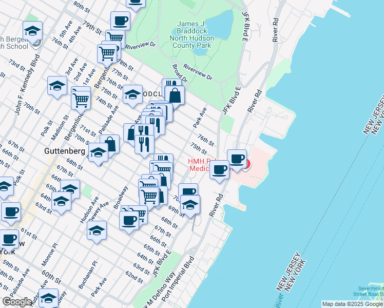 map of restaurants, bars, coffee shops, grocery stores, and more near 31 75th Street in North Bergen