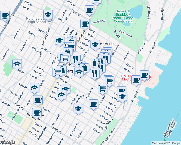 map of restaurants, bars, coffee shops, grocery stores, and more near 310 71st Street in Guttenberg