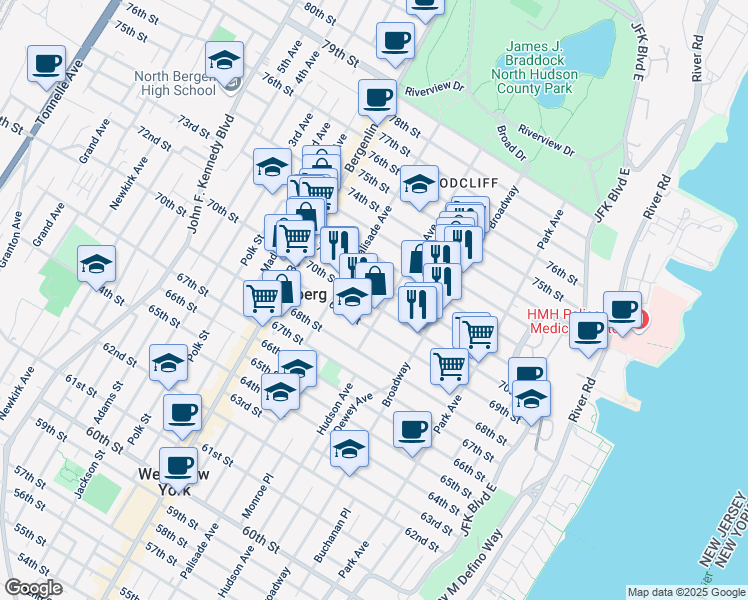 map of restaurants, bars, coffee shops, grocery stores, and more near 310 71st Street in Guttenberg