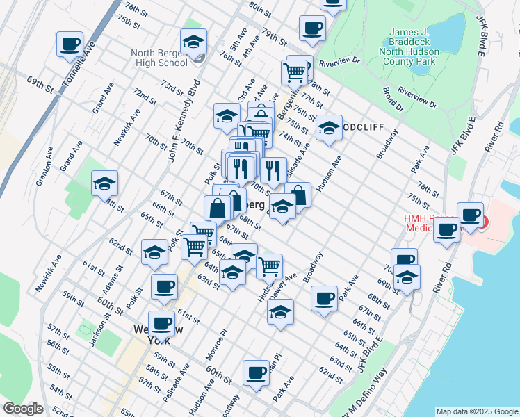 map of restaurants, bars, coffee shops, grocery stores, and more near 419 70th Street in Guttenberg
