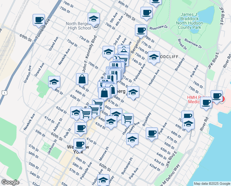 map of restaurants, bars, coffee shops, grocery stores, and more near in Guttenberg